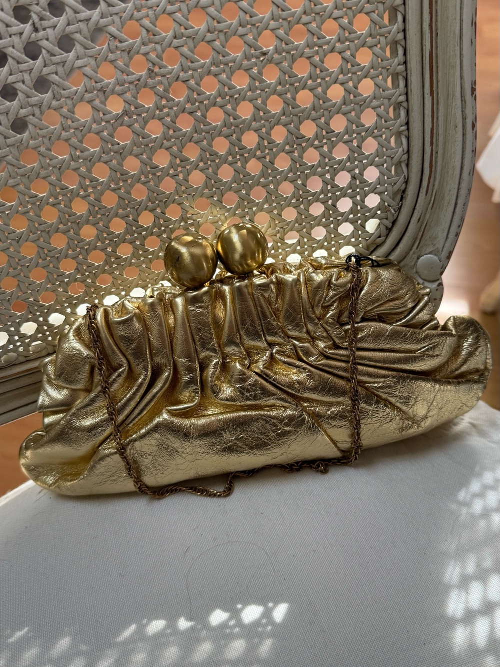 Gold Metallic Ruched Evening Clutch with Chain Strap